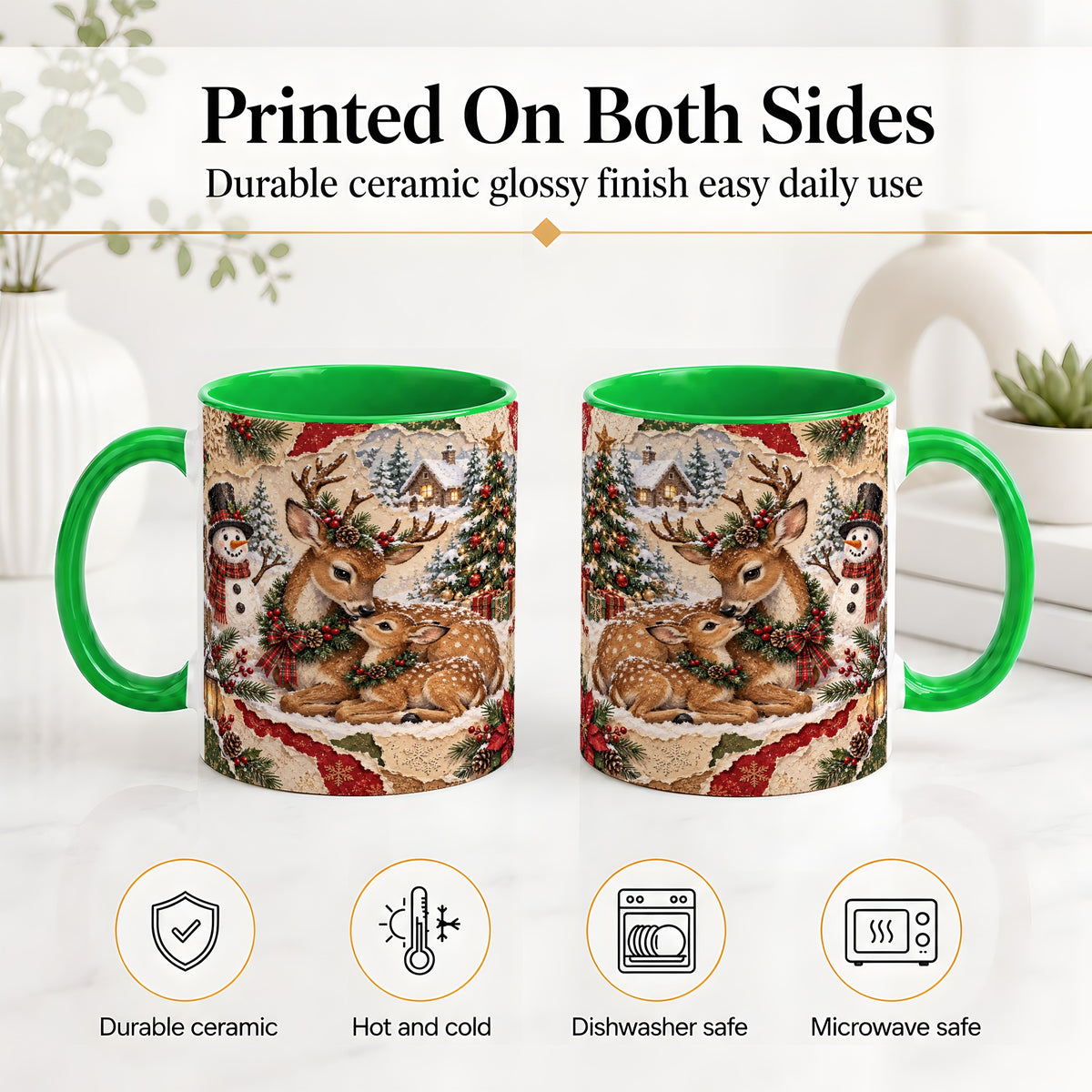 #pl[11oz|Green] Christmas Deer Ceramic Mug, Snowman Winter Woodland Scene Artwork