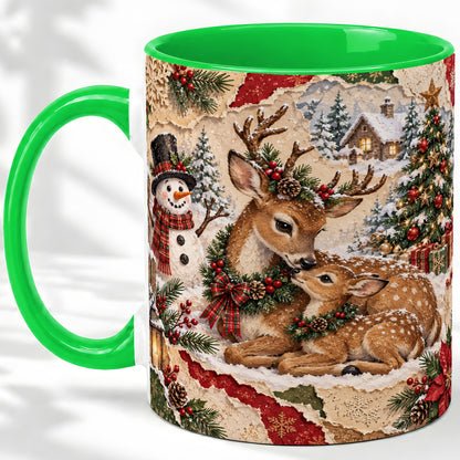 #pl[11oz|Green] Christmas Deer Ceramic Mug, Snowman Winter Woodland Scene Artwork