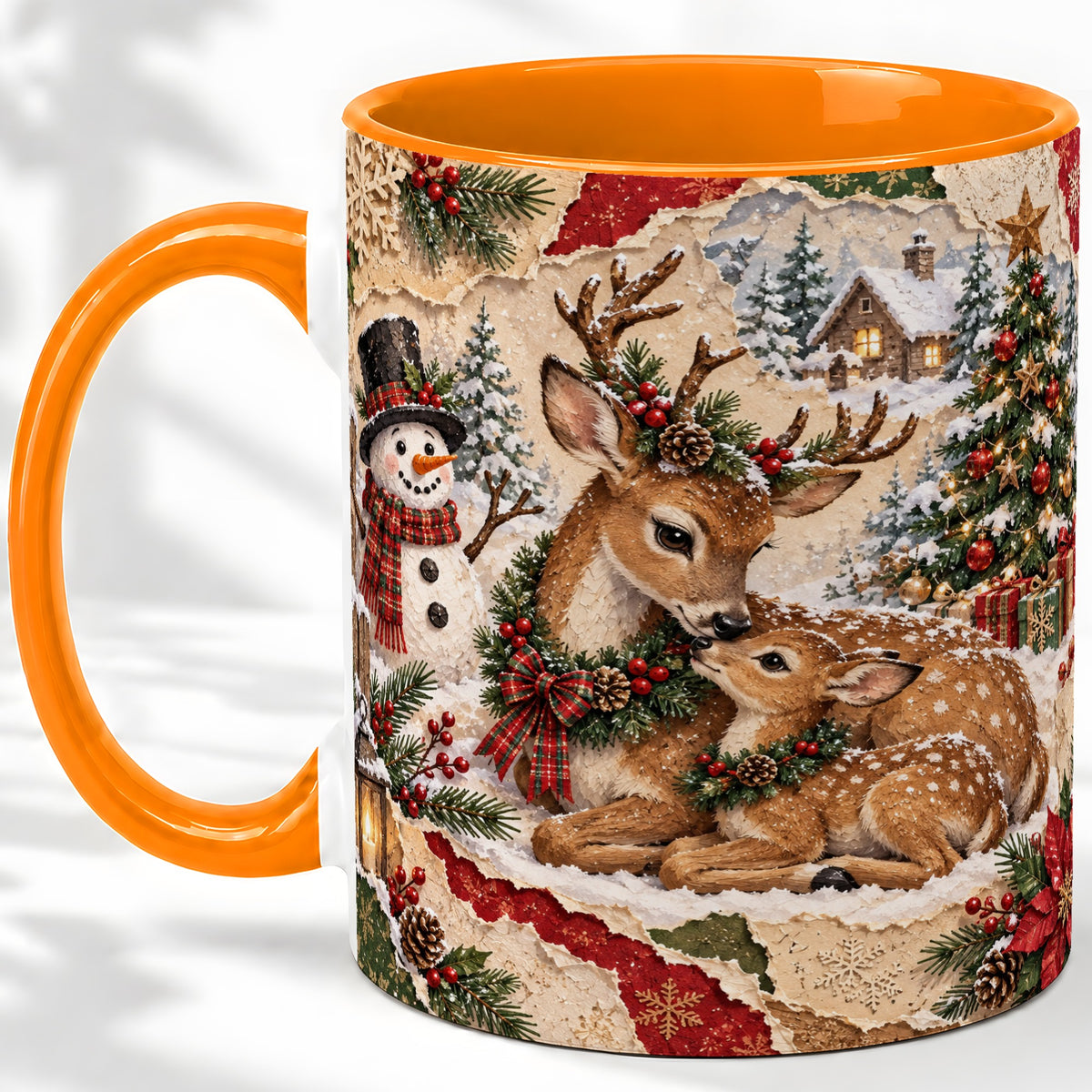 #pl[11oz|Orange] Christmas Deer Ceramic Mug, Snowman Winter Woodland Scene Artwork