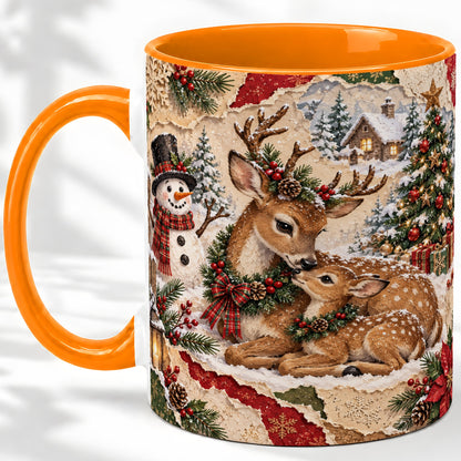 #pl[11oz|Orange] Christmas Deer Ceramic Mug, Snowman Winter Woodland Scene Artwork