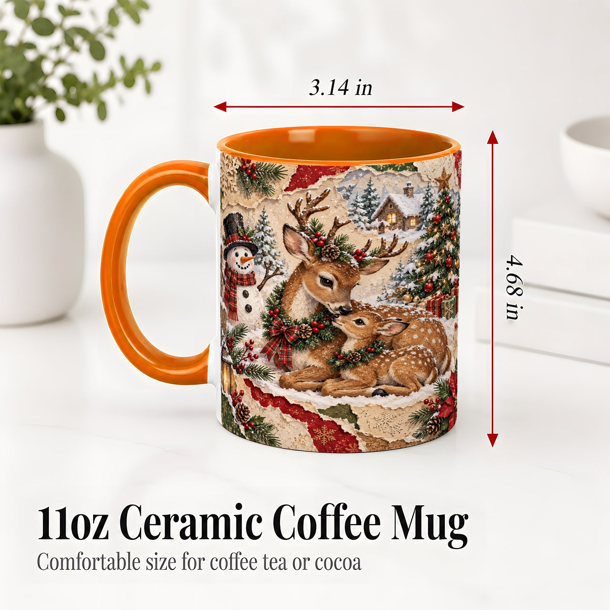 #pl[11oz|Orange] Christmas Deer Ceramic Mug, Snowman Winter Woodland Scene Artwork