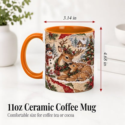 #pl[11oz|Orange] Christmas Deer Ceramic Mug, Snowman Winter Woodland Scene Artwork