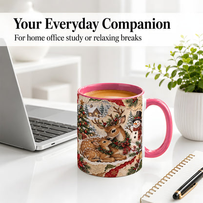 #pl[11oz|Pink] Christmas Deer Ceramic Mug, Snowman Winter Woodland Scene Artwork