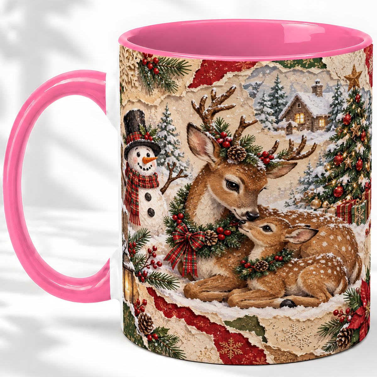 #pl[11oz|Pink] Christmas Deer Ceramic Mug, Snowman Winter Woodland Scene Artwork