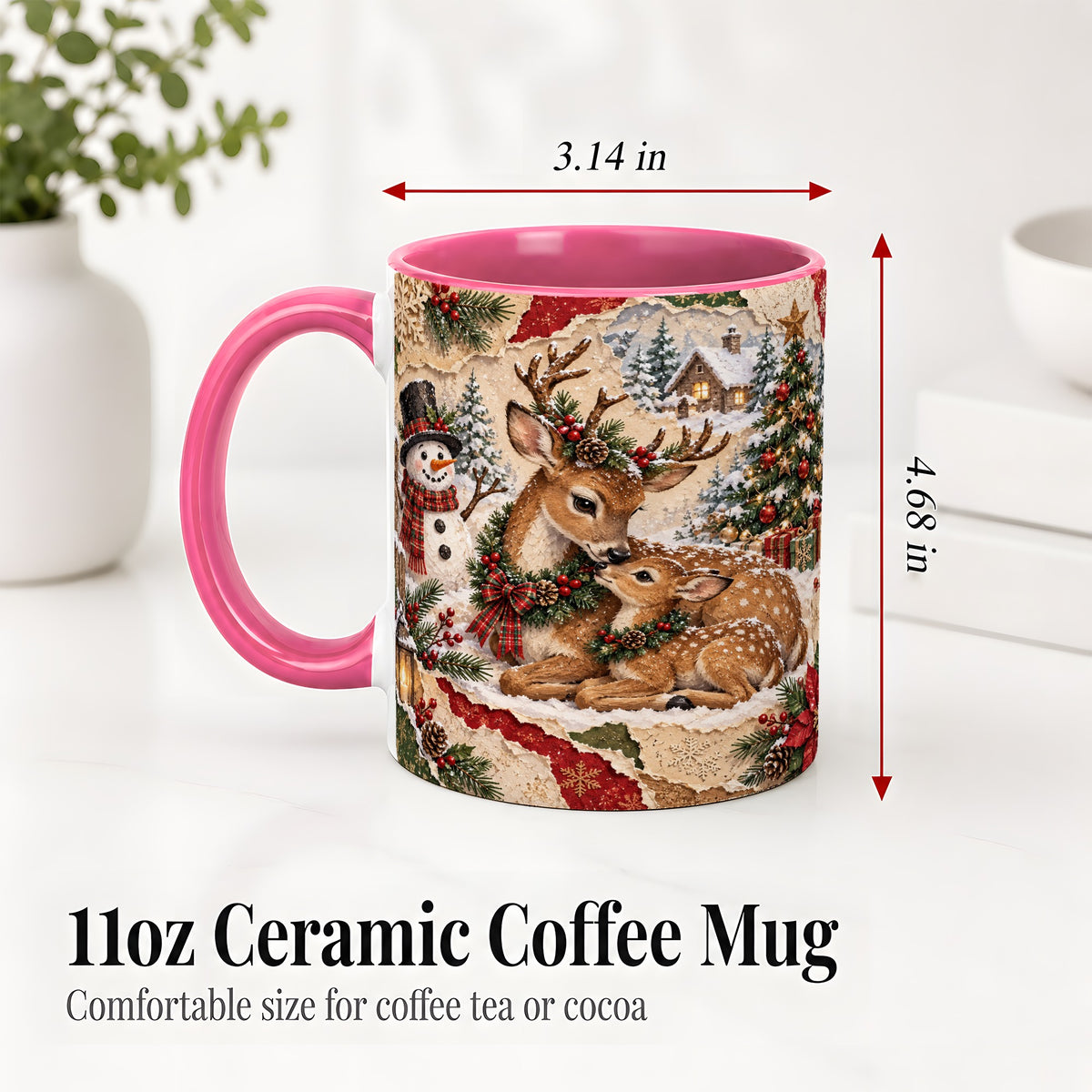 #pl[11oz|Pink] Christmas Deer Ceramic Mug, Snowman Winter Woodland Scene Artwork