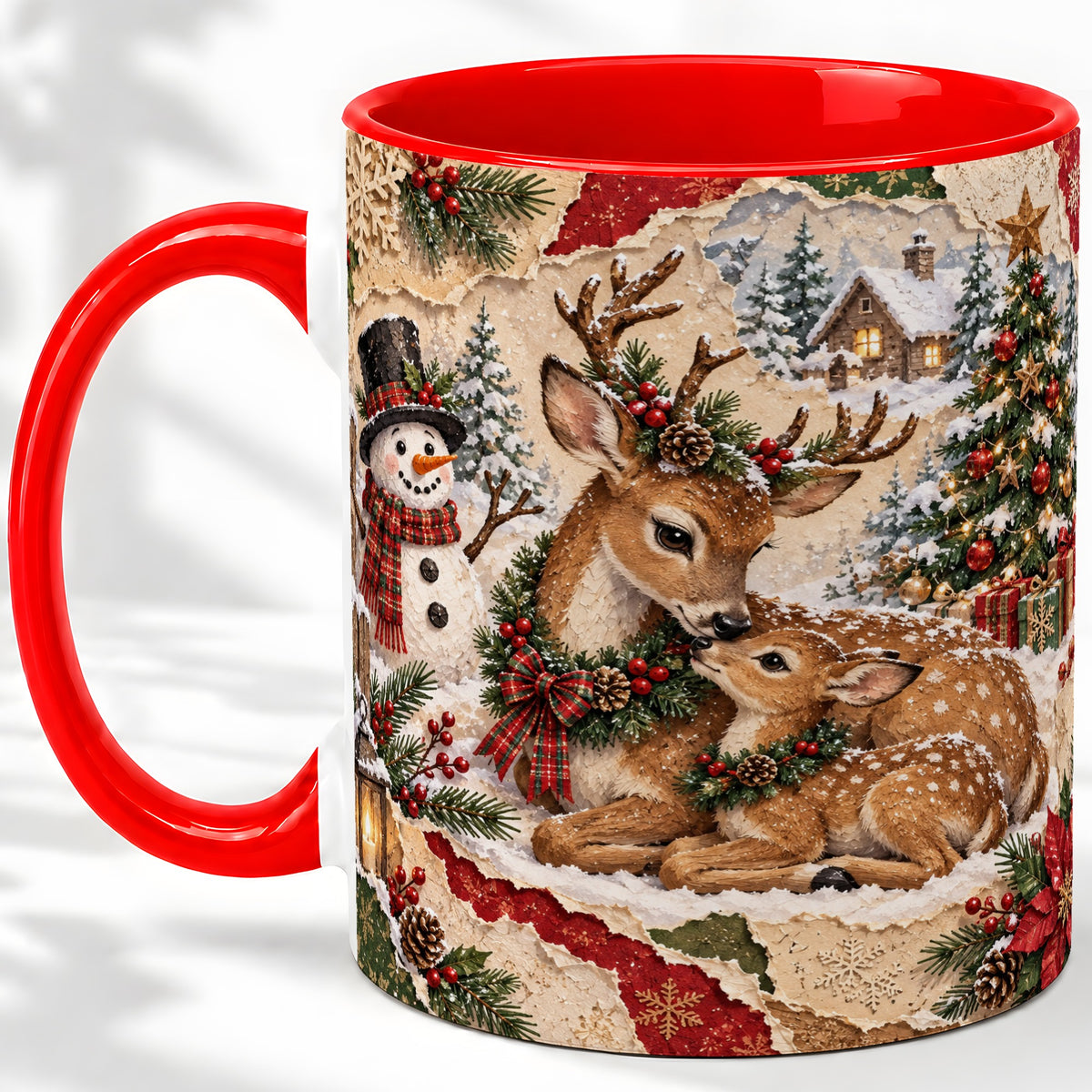 Christmas Deer Ceramic Mug, Snowman Winter Woodland Scene Artwork
