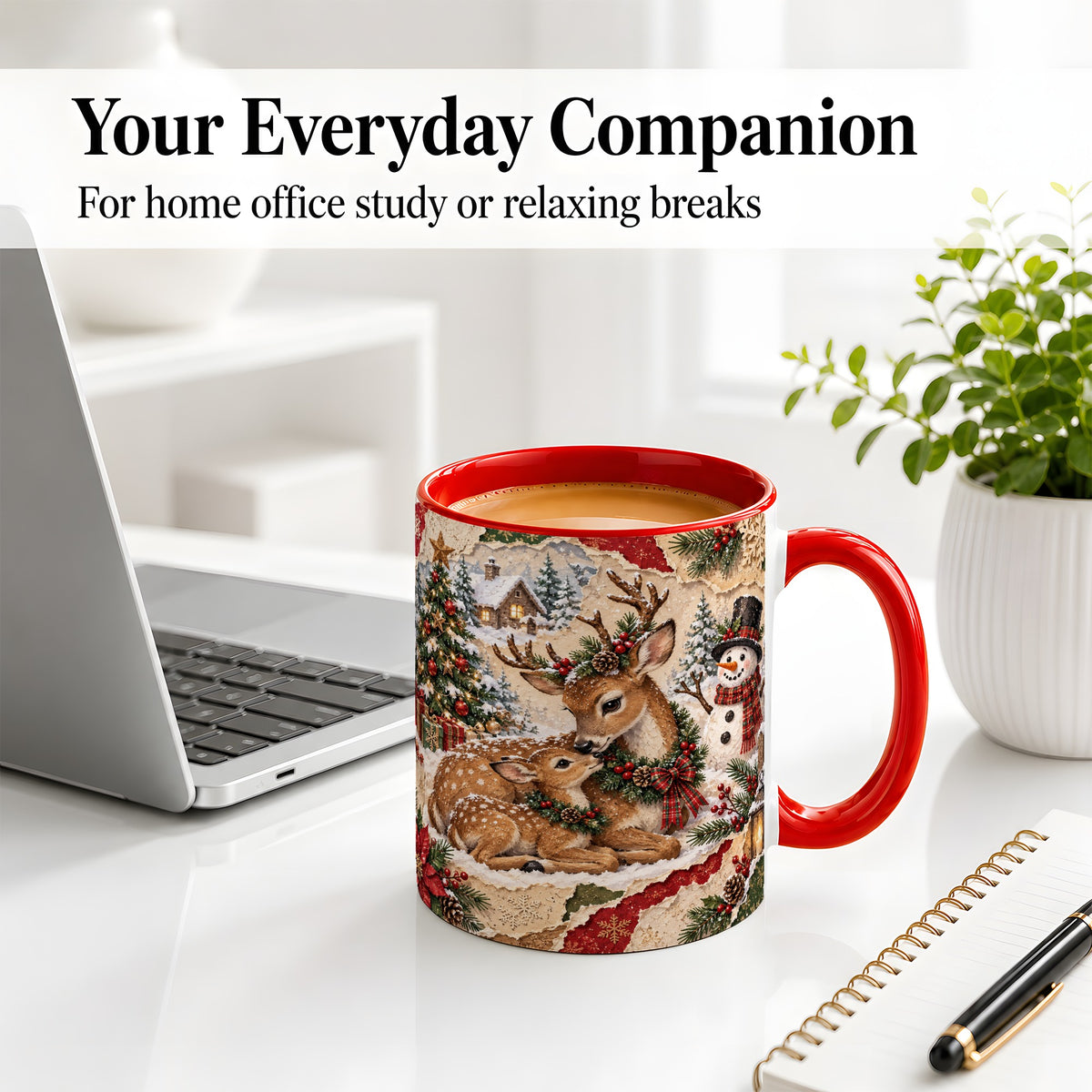 #pl[11oz|Red] Christmas Deer Ceramic Mug, Snowman Winter Woodland Scene Artwork