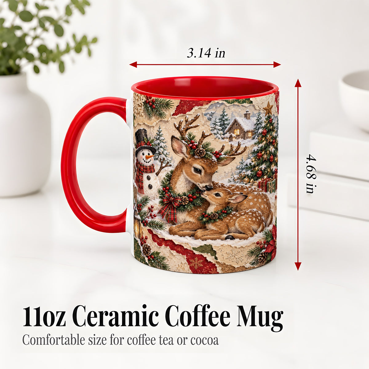 #pl[11oz|Red] Christmas Deer Ceramic Mug, Snowman Winter Woodland Scene Artwork