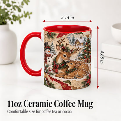#pl[11oz|Red] Christmas Deer Ceramic Mug, Snowman Winter Woodland Scene Artwork