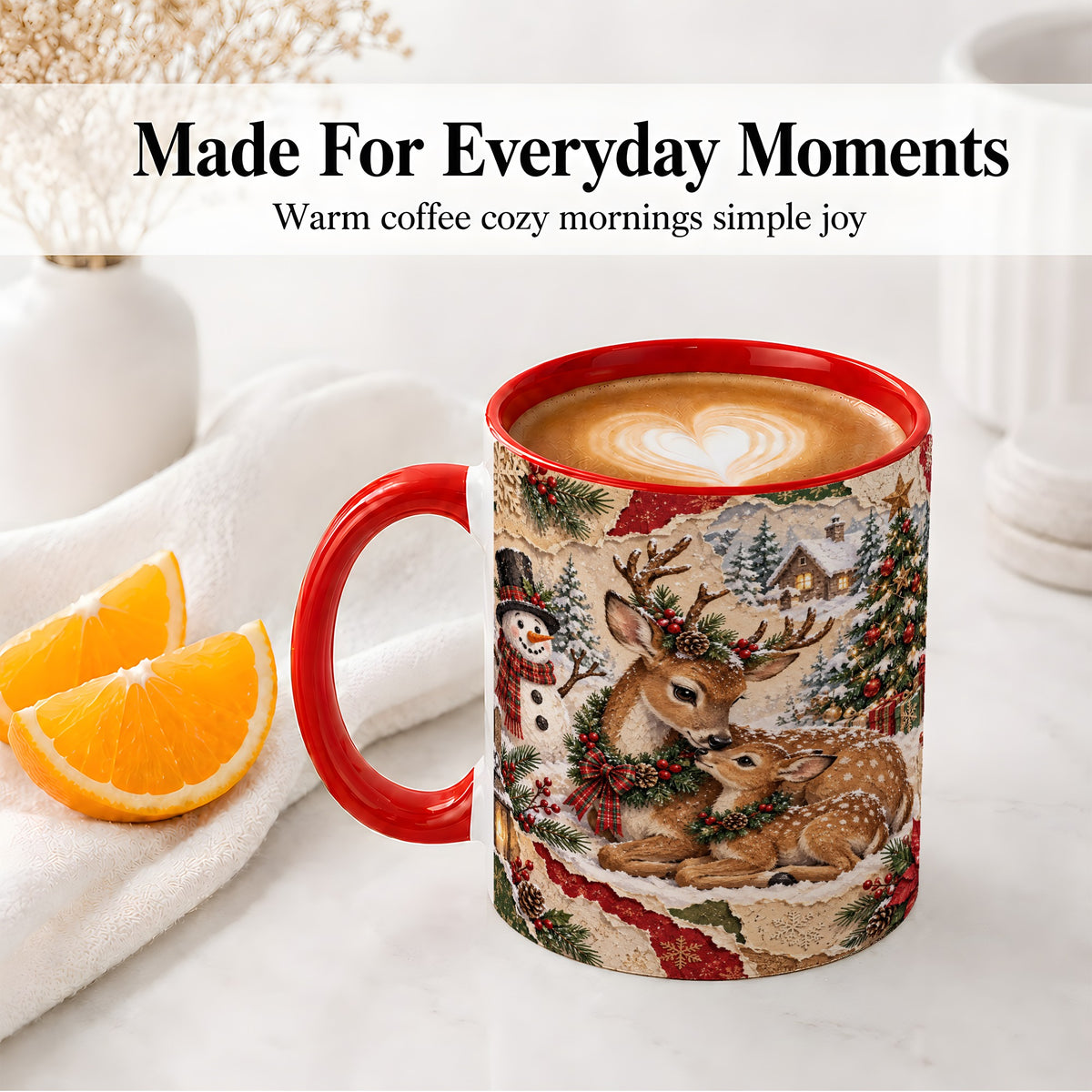 #pl[11oz|Red] Christmas Deer Ceramic Mug, Snowman Winter Woodland Scene Artwork