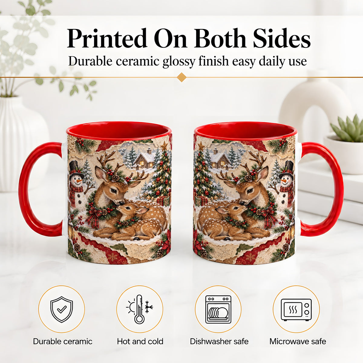 #pl[11oz|Red] Christmas Deer Ceramic Mug, Snowman Winter Woodland Scene Artwork