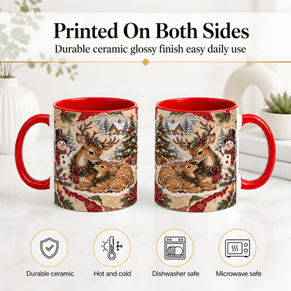 #pl[11oz|Red] Christmas Deer Ceramic Mug, Snowman Winter Woodland Scene Artwork