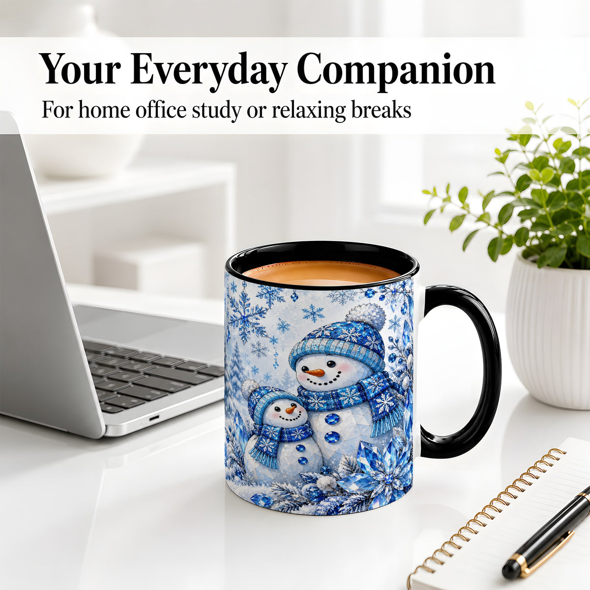#pl[11oz|Black] Blue Snowman Ceramic Mug, Crystal Snowflake Winter Scene Artwork