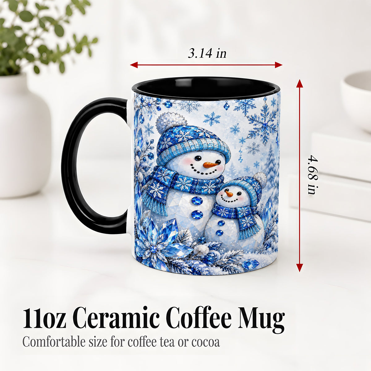 #pl[11oz|Black] Blue Snowman Ceramic Mug, Crystal Snowflake Winter Scene Artwork