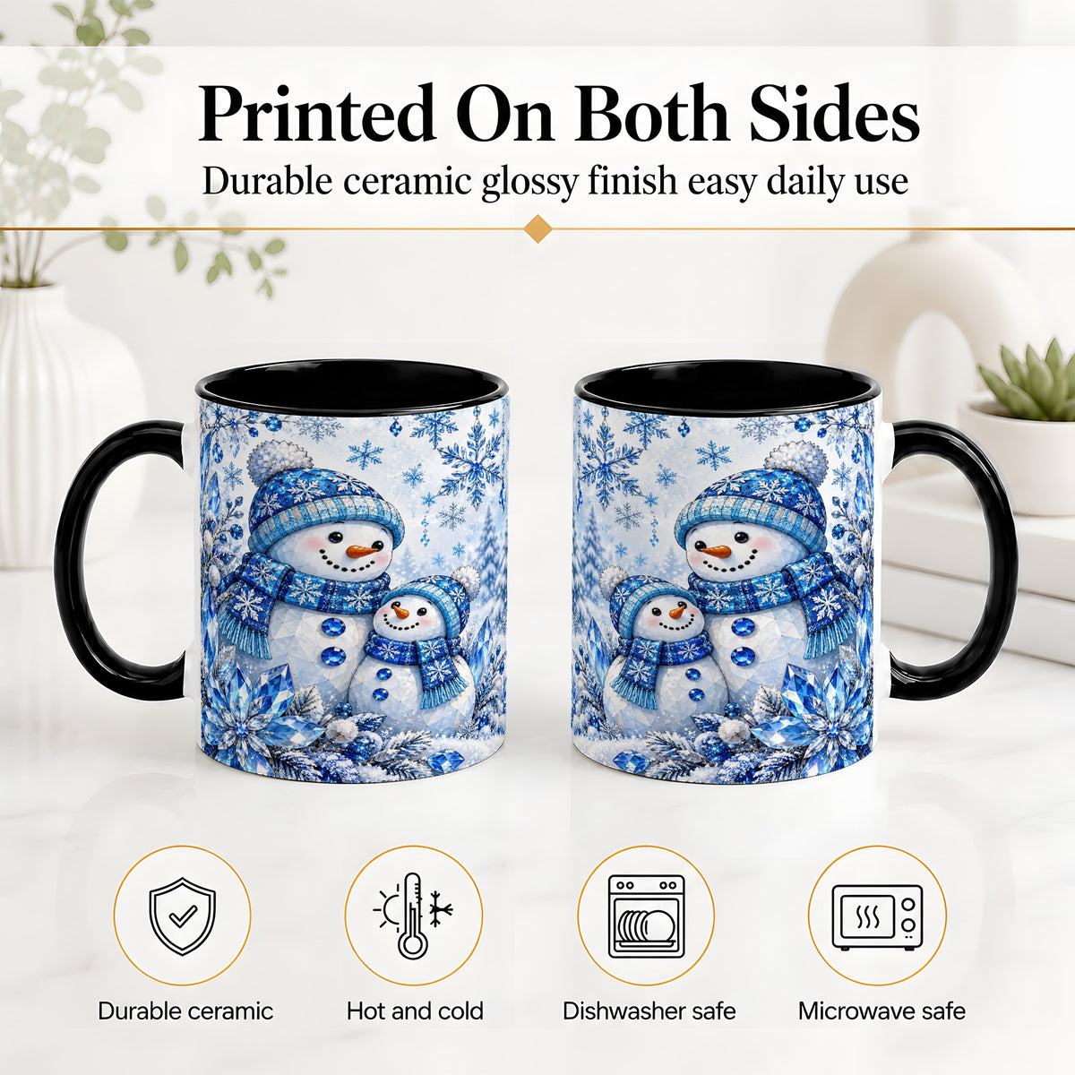 #pl[11oz|Black] Blue Snowman Ceramic Mug, Crystal Snowflake Winter Scene Artwork