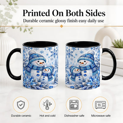 #pl[11oz|Black] Blue Snowman Ceramic Mug, Crystal Snowflake Winter Scene Artwork