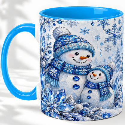 #pl[11oz|Blue] Blue Snowman Ceramic Mug, Crystal Snowflake Winter Scene Artwork