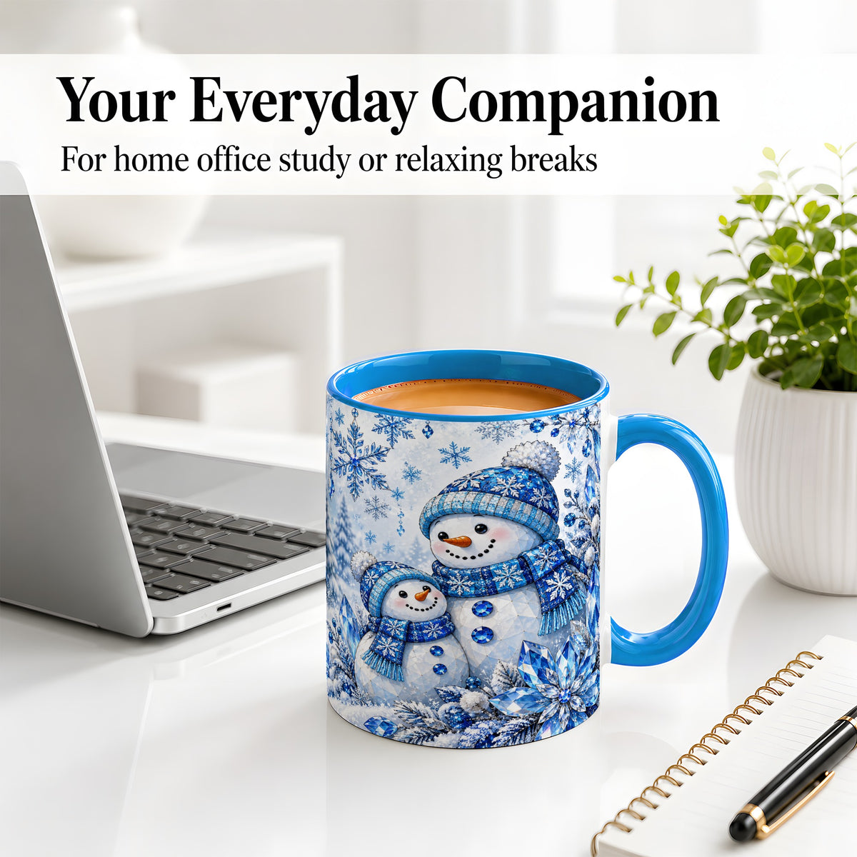 #pl[11oz|Blue] Blue Snowman Ceramic Mug, Crystal Snowflake Winter Scene Artwork