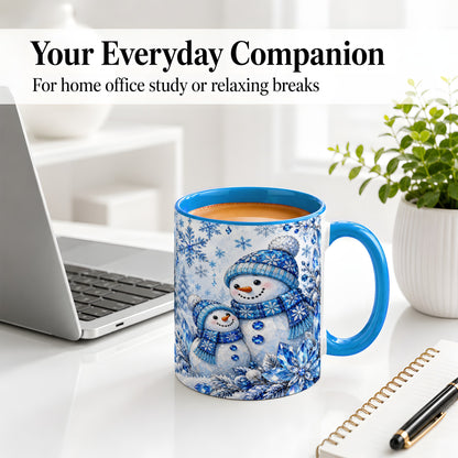 #pl[11oz|Blue] Blue Snowman Ceramic Mug, Crystal Snowflake Winter Scene Artwork