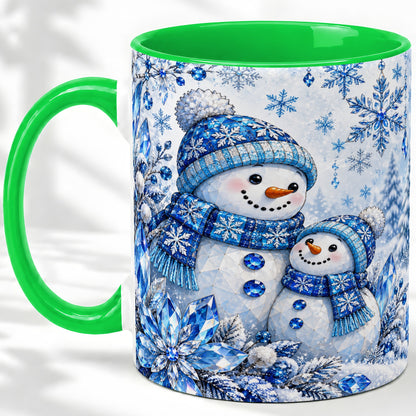 #pl[11oz|Green] Blue Snowman Ceramic Mug, Crystal Snowflake Winter Scene Artwork