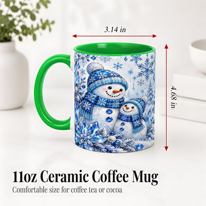#pl[11oz|Green] Blue Snowman Ceramic Mug, Crystal Snowflake Winter Scene Artwork