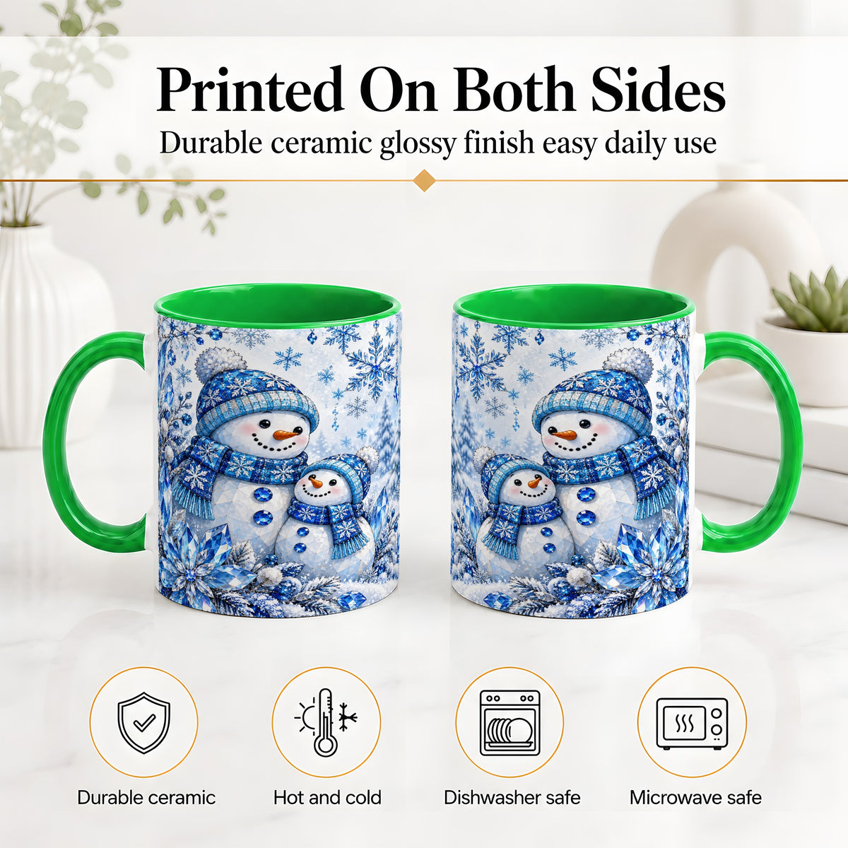 #pl[11oz|Green] Blue Snowman Ceramic Mug, Crystal Snowflake Winter Scene Artwork