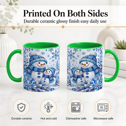#pl[11oz|Green] Blue Snowman Ceramic Mug, Crystal Snowflake Winter Scene Artwork