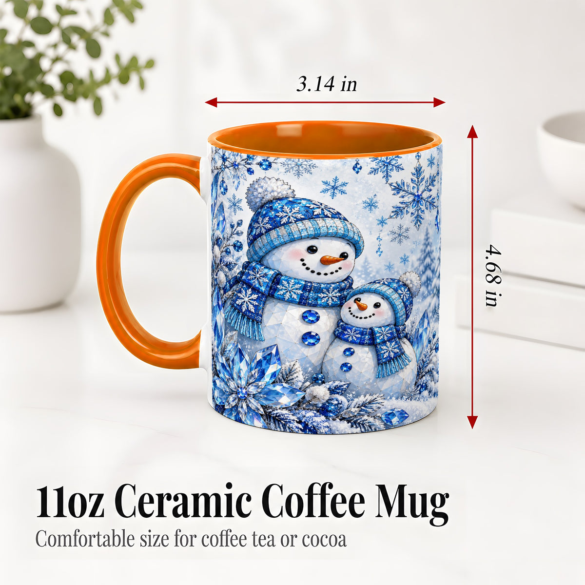 #pl[11oz|Orange] Blue Snowman Ceramic Mug, Crystal Snowflake Winter Scene Artwork