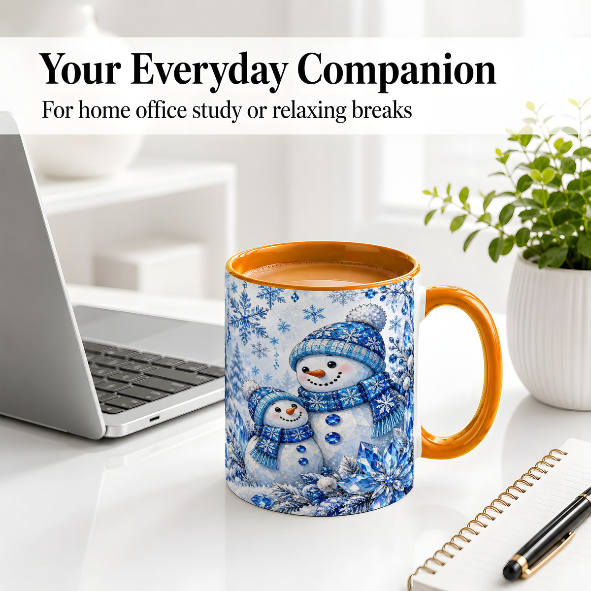 #pl[11oz|Orange] Blue Snowman Ceramic Mug, Crystal Snowflake Winter Scene Artwork