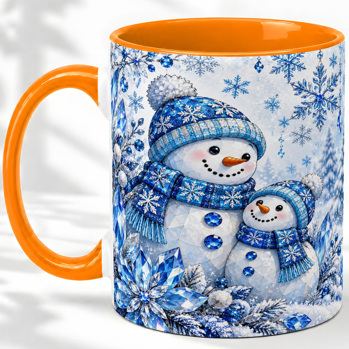 #pl[11oz|Orange] Blue Snowman Ceramic Mug, Crystal Snowflake Winter Scene Artwork