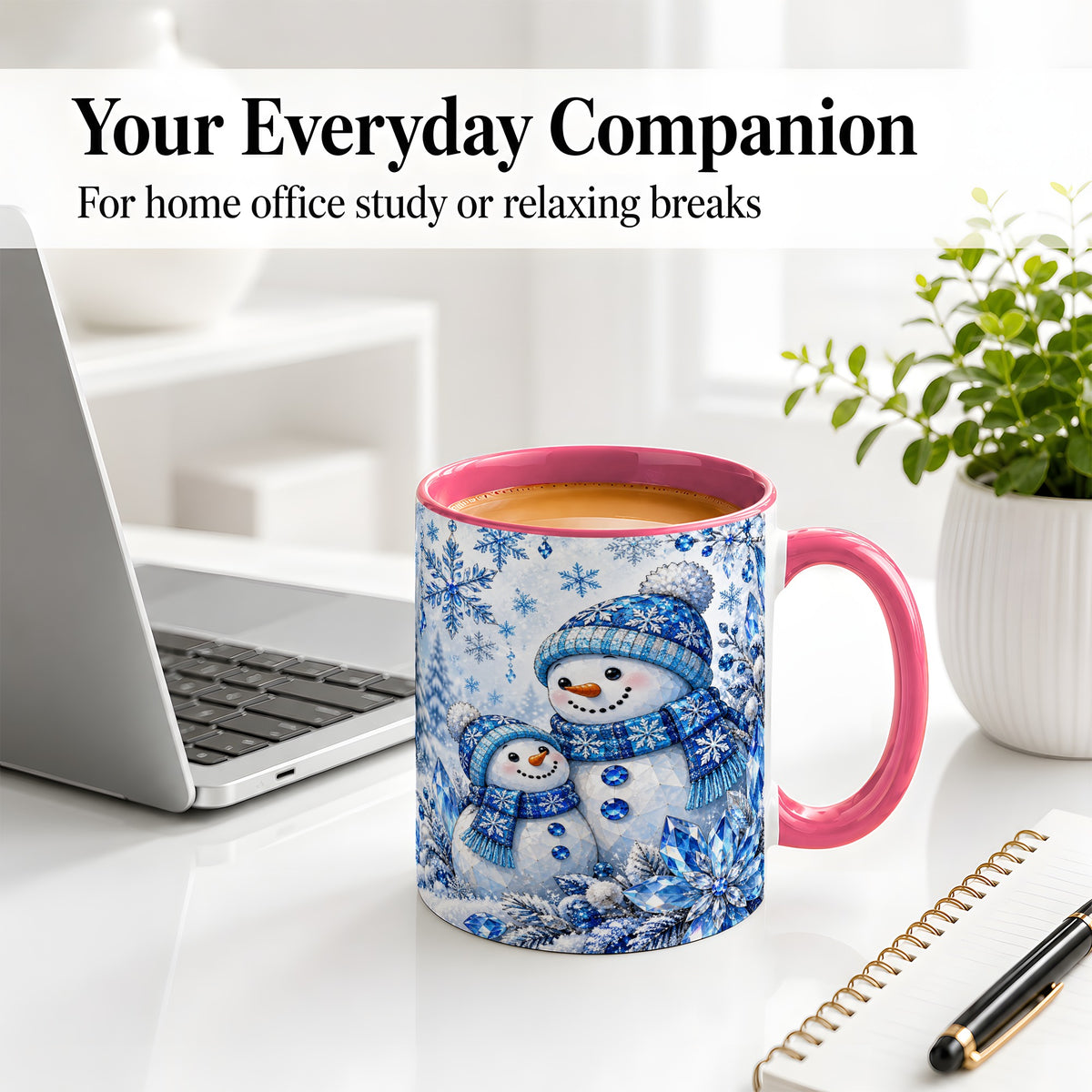 #pl[11oz|Pink] Blue Snowman Ceramic Mug, Crystal Snowflake Winter Scene Artwork