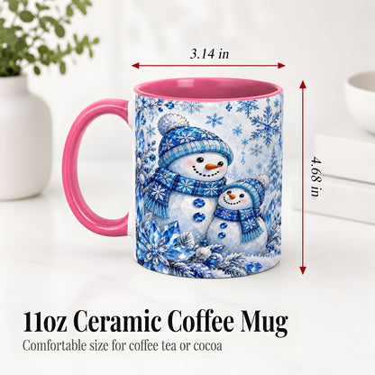 #pl[11oz|Pink] Blue Snowman Ceramic Mug, Crystal Snowflake Winter Scene Artwork