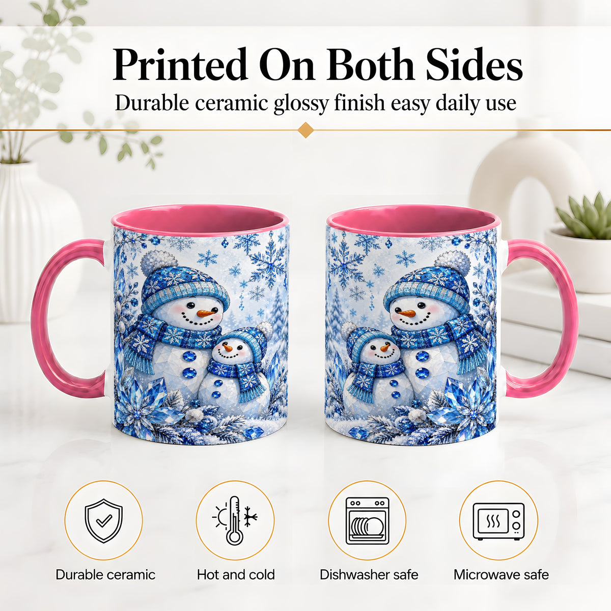 #pl[11oz|Pink] Blue Snowman Ceramic Mug, Crystal Snowflake Winter Scene Artwork