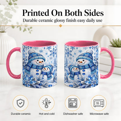 #pl[11oz|Pink] Blue Snowman Ceramic Mug, Crystal Snowflake Winter Scene Artwork