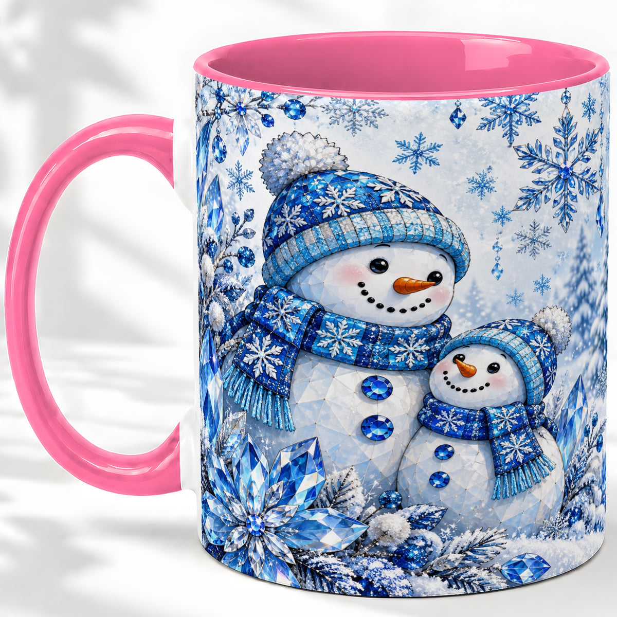 #pl[11oz|Pink] Blue Snowman Ceramic Mug, Crystal Snowflake Winter Scene Artwork