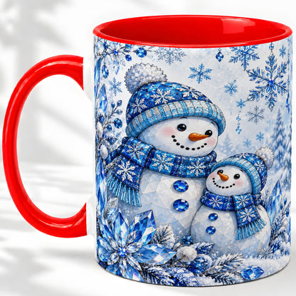 Blue Snowman Ceramic Mug, Crystal Snowflake Winter Scene Artwork
