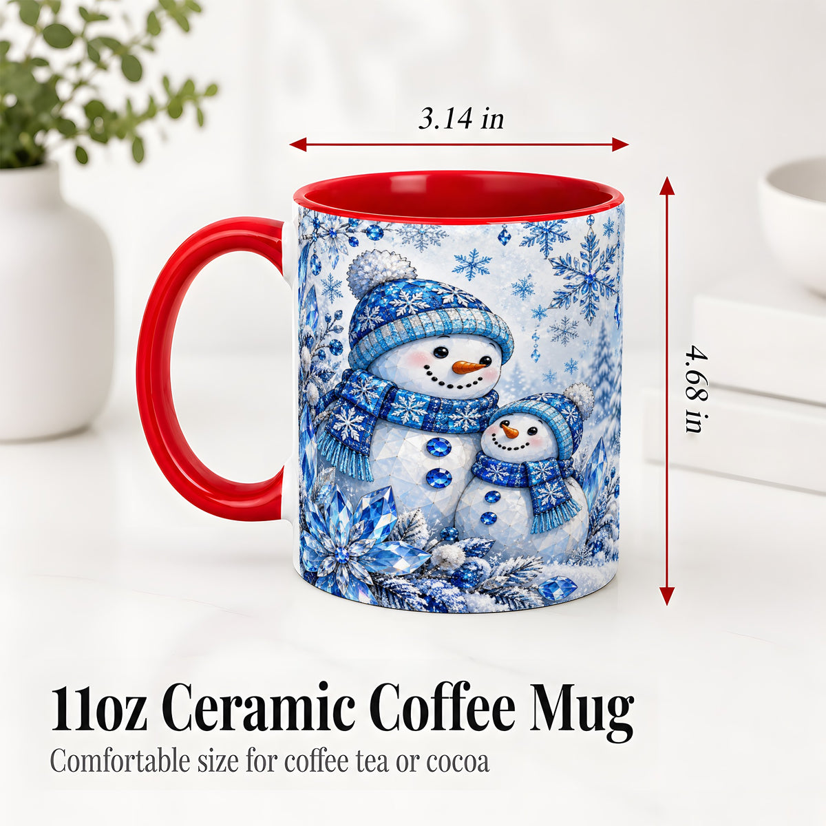 #pl[11oz|Red] Blue Snowman Ceramic Mug, Crystal Snowflake Winter Scene Artwork