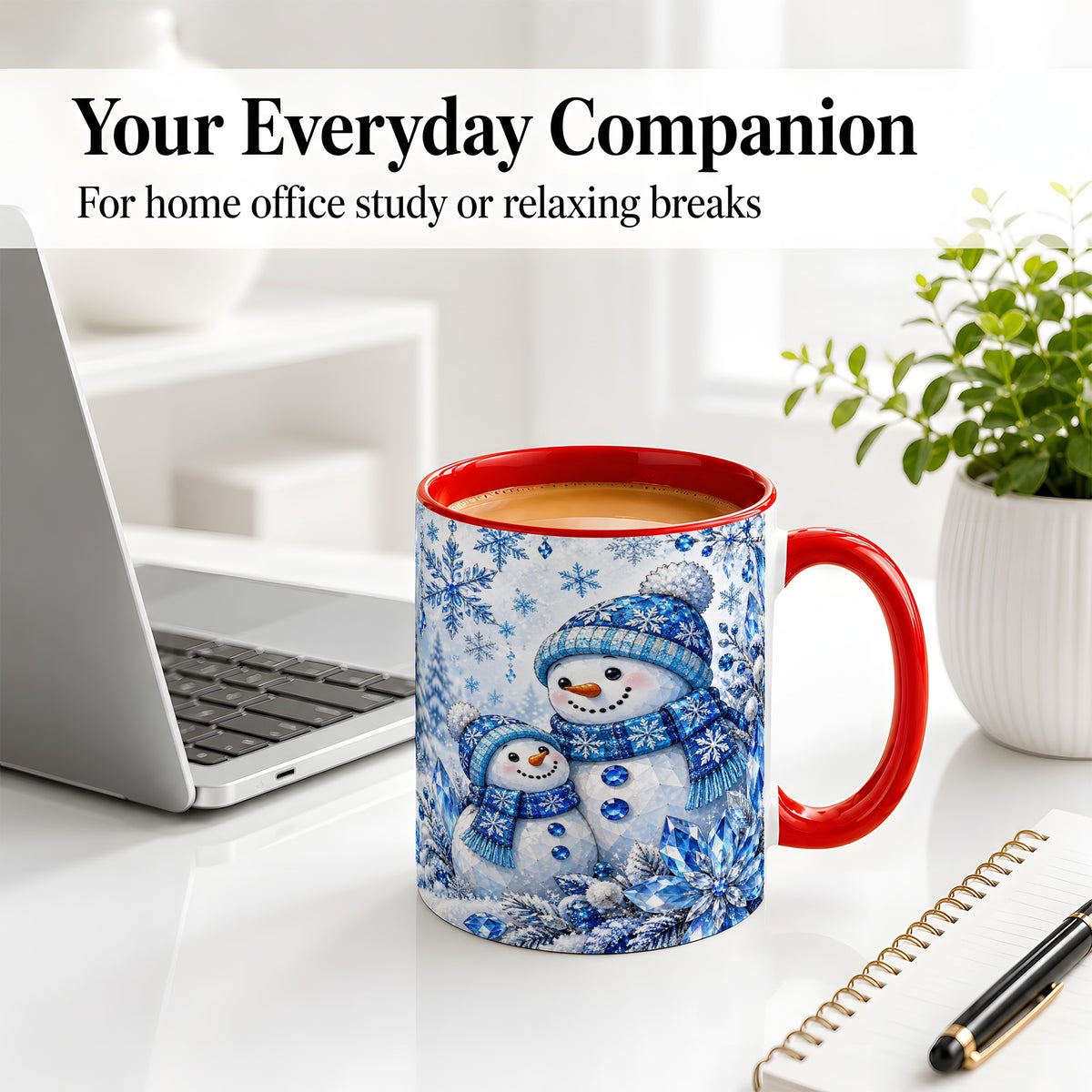#pl[11oz|Red] Blue Snowman Ceramic Mug, Crystal Snowflake Winter Scene Artwork