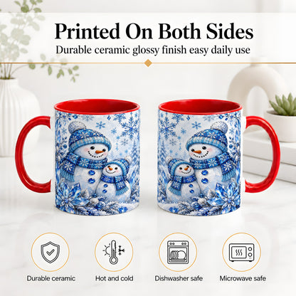 #pl[11oz|Red] Blue Snowman Ceramic Mug, Crystal Snowflake Winter Scene Artwork
