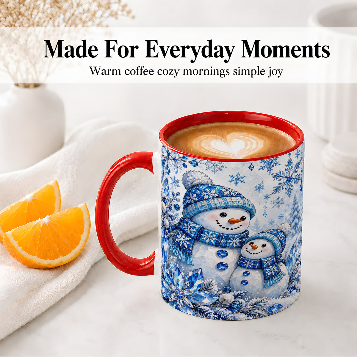 #pl[11oz|Red] Blue Snowman Ceramic Mug, Crystal Snowflake Winter Scene Artwork