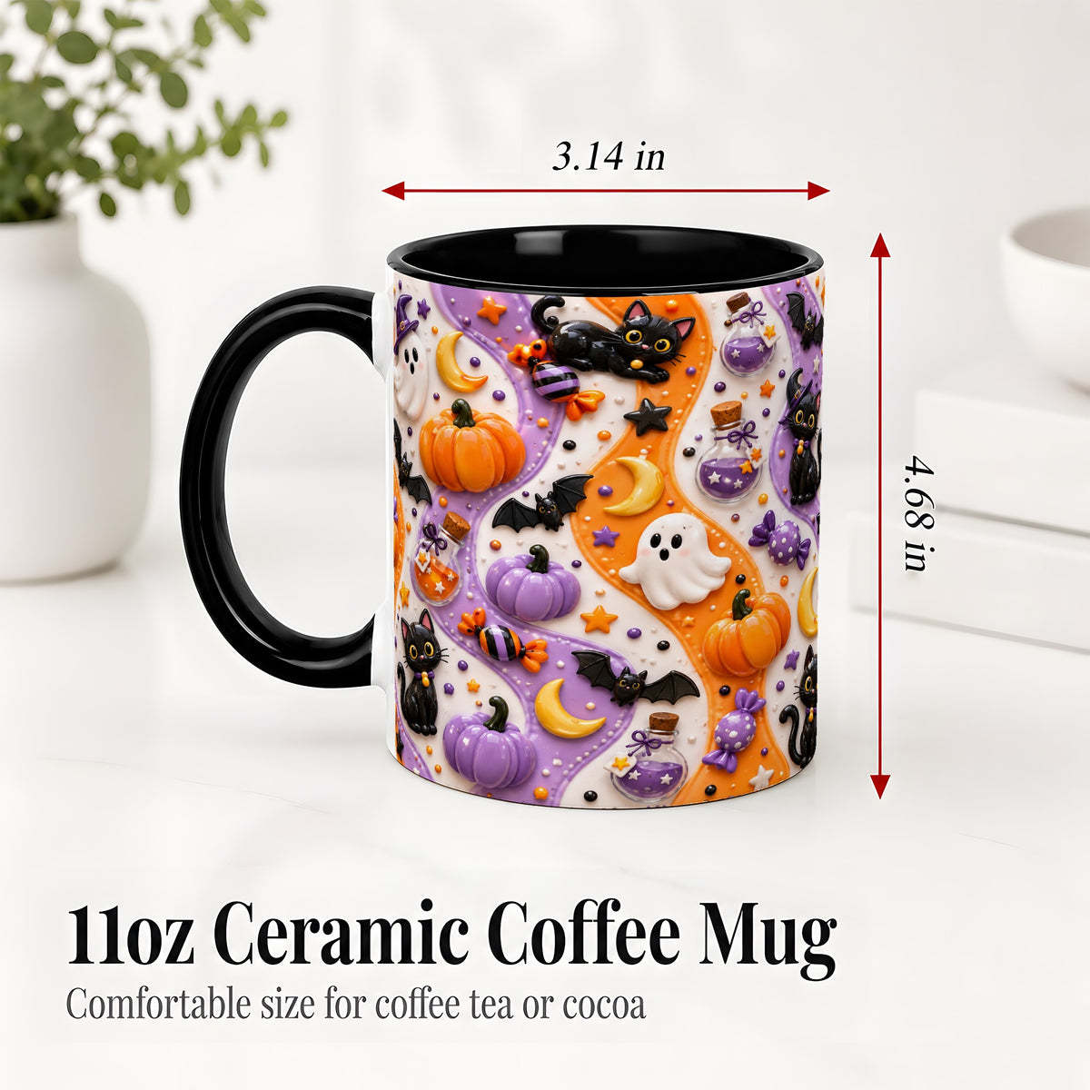 #pl[11oz|Black] Halloween Black Cat Ceramic Mug, Pumpkin Ghost Spooky Artwork