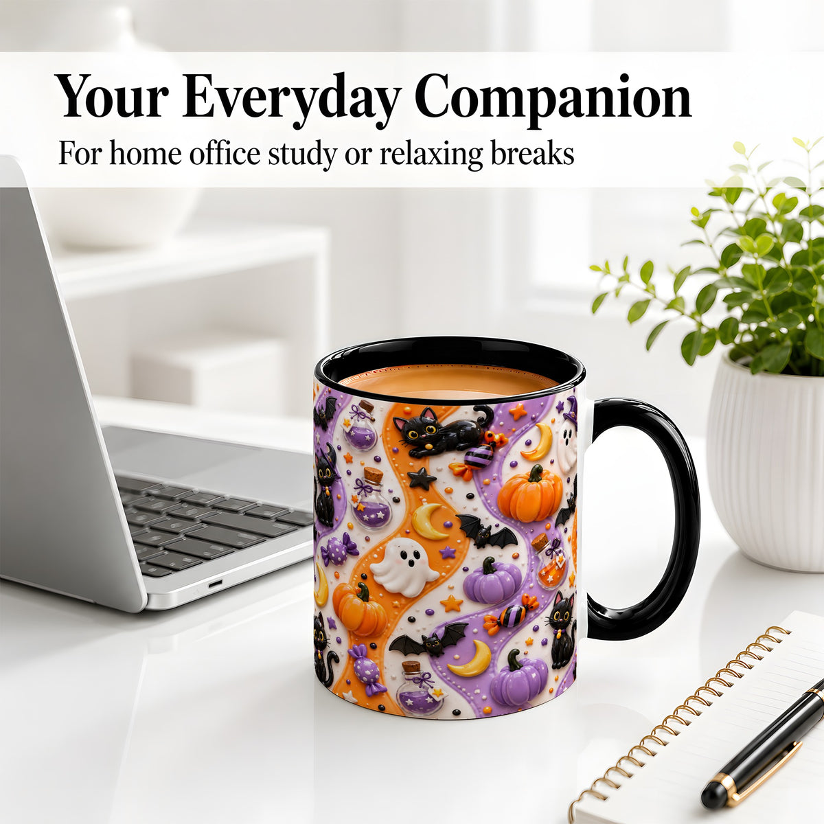 #pl[11oz|Black] Halloween Black Cat Ceramic Mug, Pumpkin Ghost Spooky Artwork