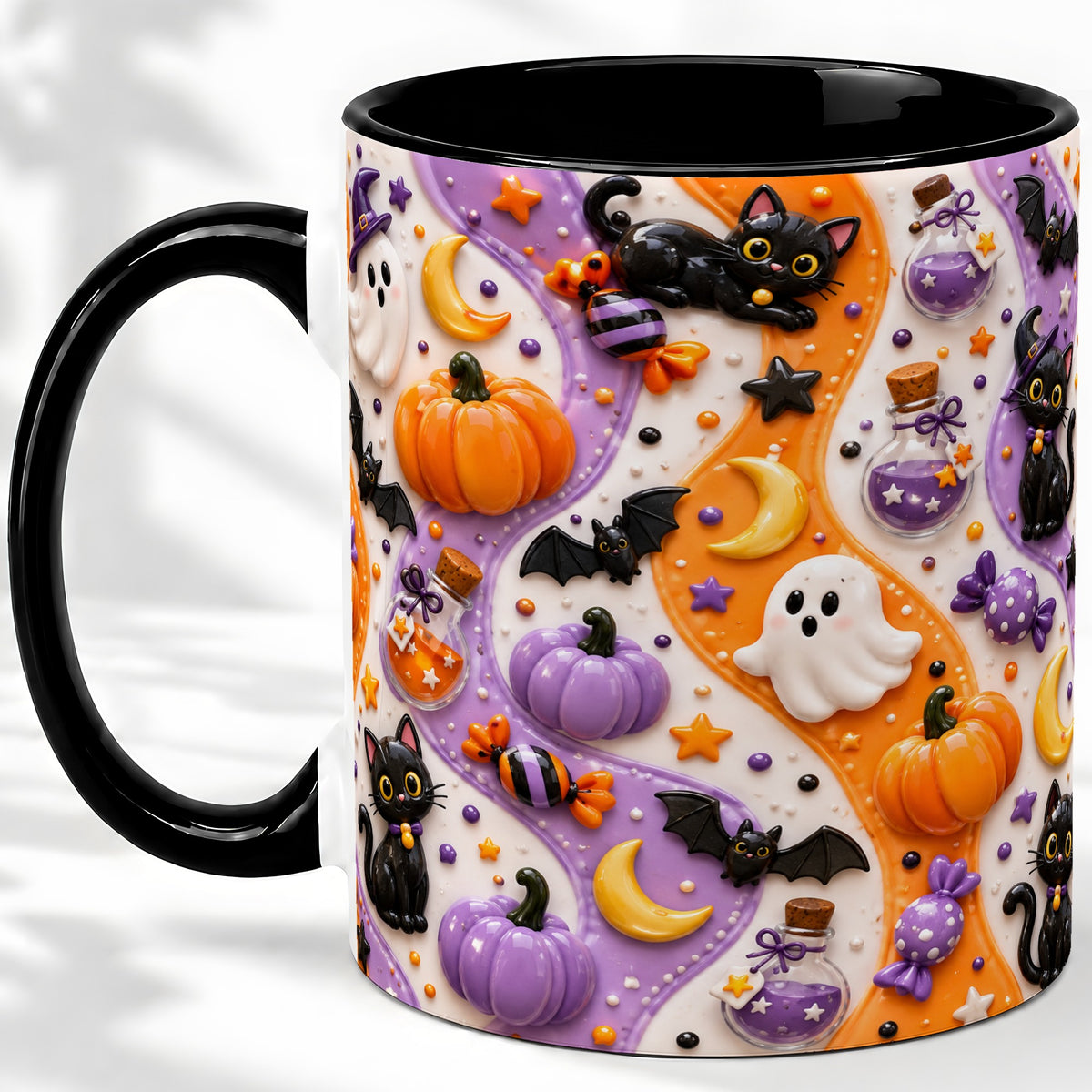 #pl[11oz|Black] Halloween Black Cat Ceramic Mug, Pumpkin Ghost Spooky Artwork