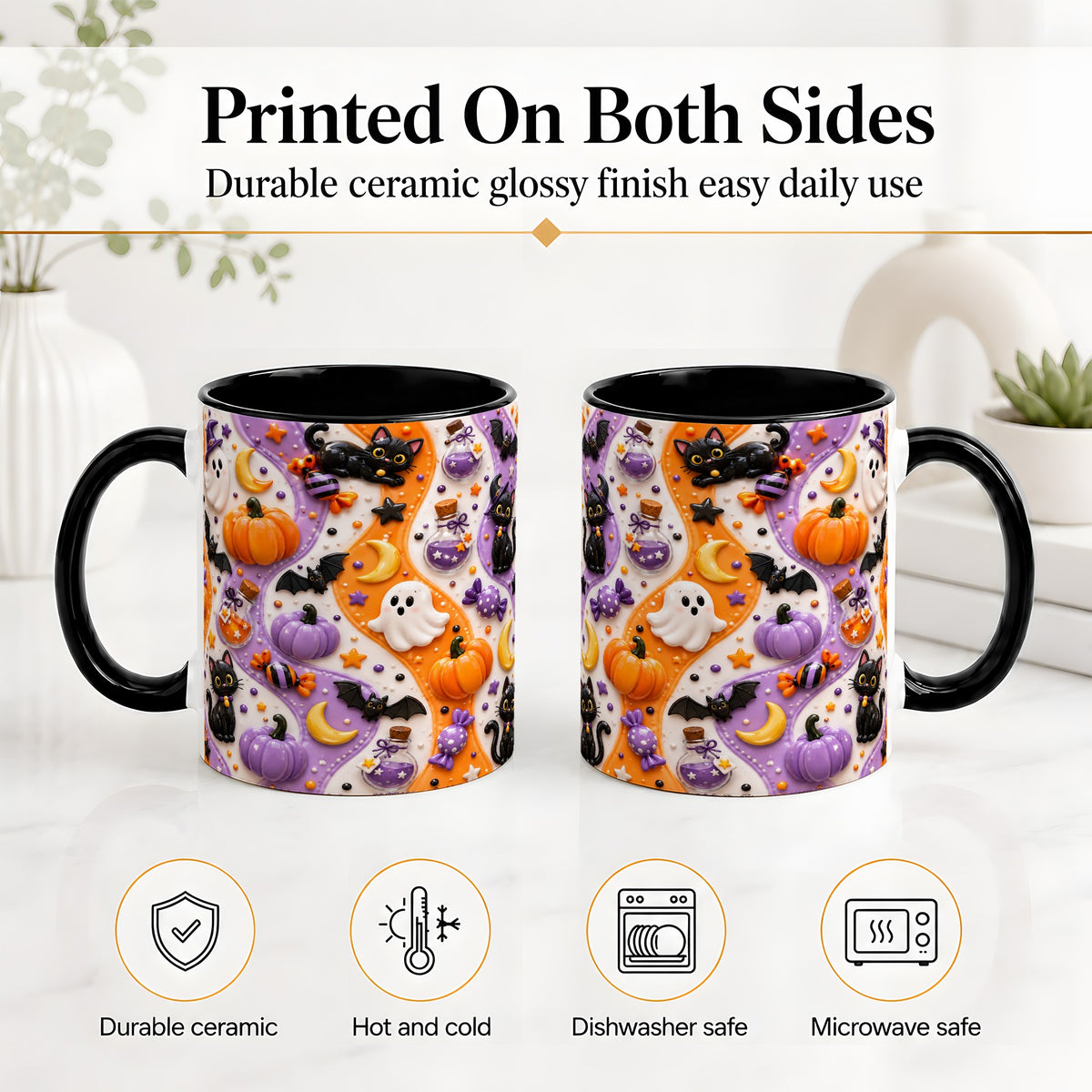 #pl[11oz|Black] Halloween Black Cat Ceramic Mug, Pumpkin Ghost Spooky Artwork
