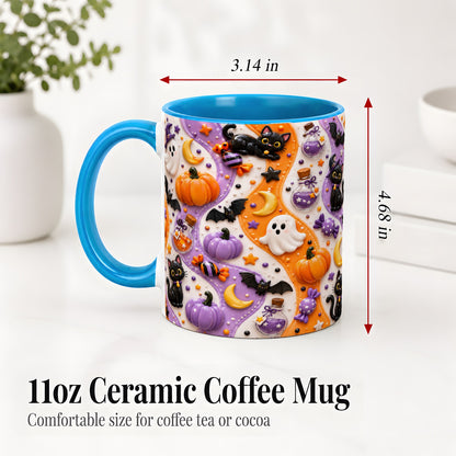 #pl[11oz|Blue] Halloween Black Cat Ceramic Mug, Pumpkin Ghost Spooky Artwork