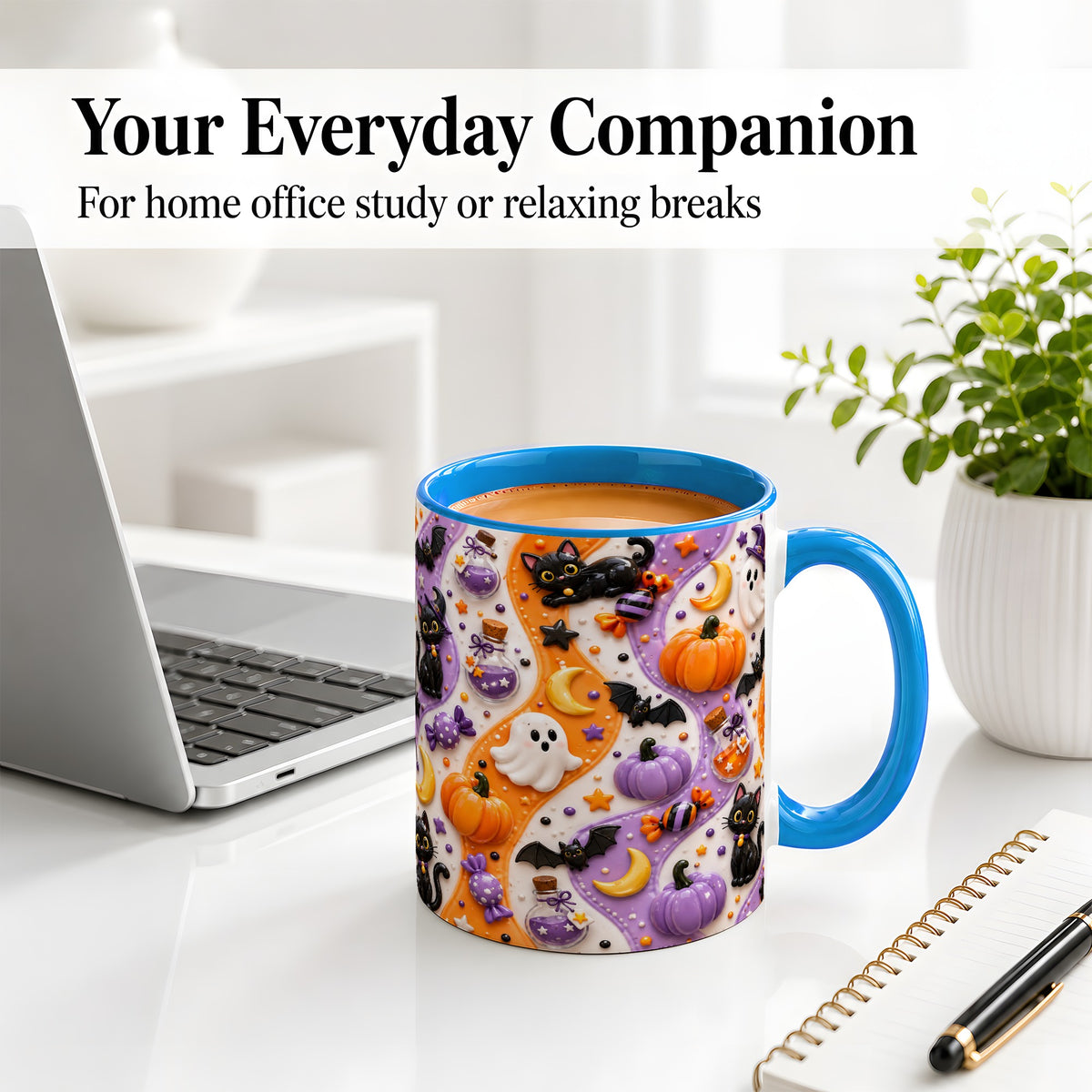 #pl[11oz|Blue] Halloween Black Cat Ceramic Mug, Pumpkin Ghost Spooky Artwork