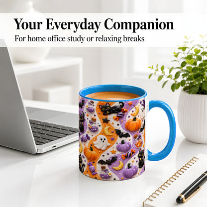 #pl[11oz|Blue] Halloween Black Cat Ceramic Mug, Pumpkin Ghost Spooky Artwork