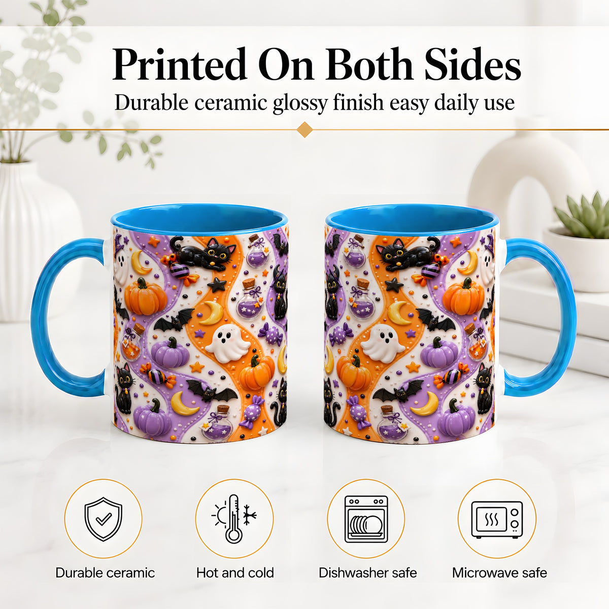 #pl[11oz|Blue] Halloween Black Cat Ceramic Mug, Pumpkin Ghost Spooky Artwork