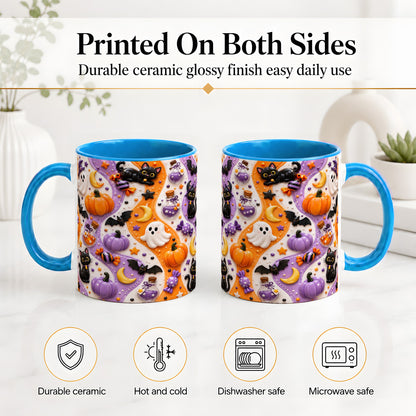 #pl[11oz|Blue] Halloween Black Cat Ceramic Mug, Pumpkin Ghost Spooky Artwork