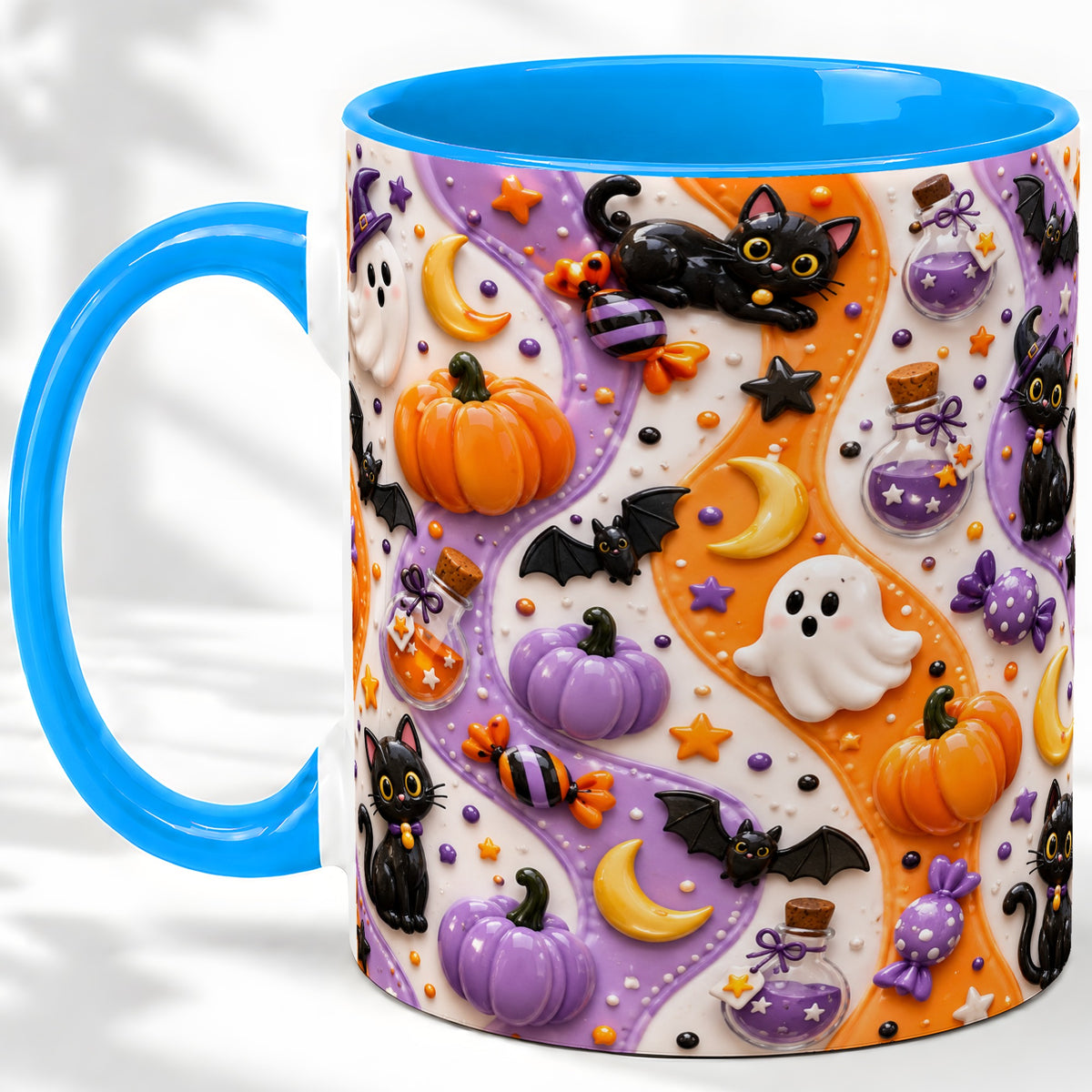 #pl[11oz|Blue] Halloween Black Cat Ceramic Mug, Pumpkin Ghost Spooky Artwork
